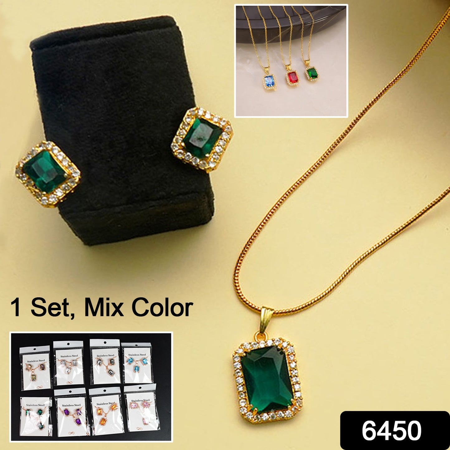 Stone Pendant Necklace Chain Set With Earrings (1 Set Mix Color Design)